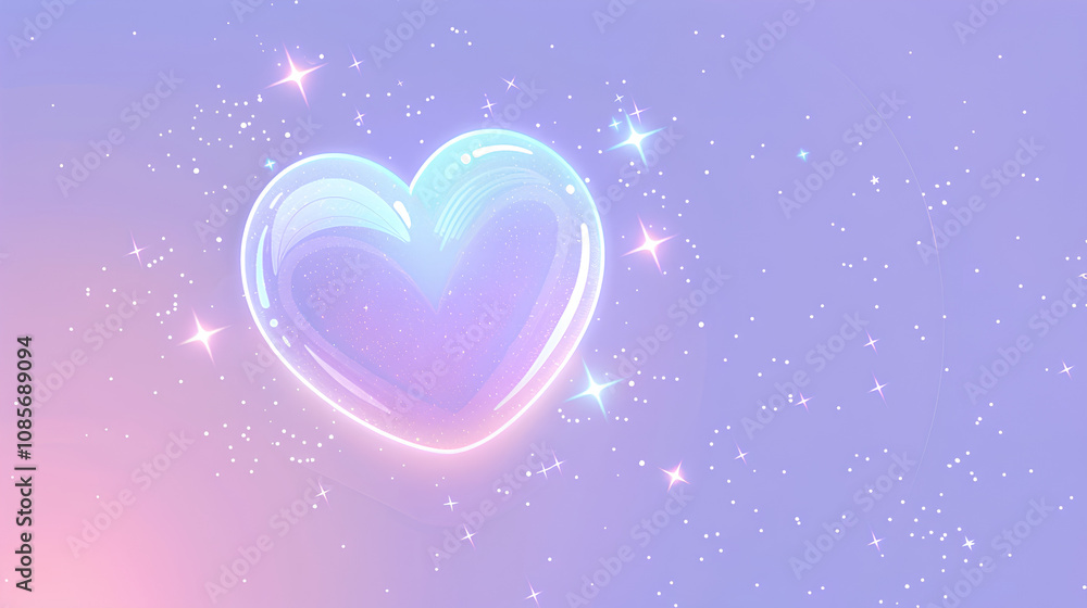 glowing neon light purple heart shape on a pastel lavender background with stars. A Valentine's Day card or banner template, a love concept for a wedding invitation glowing neon light purple heart shape on a pastel lavender background with stars. A Valentine's Day card or banner template, a love concept for a wedding invitation