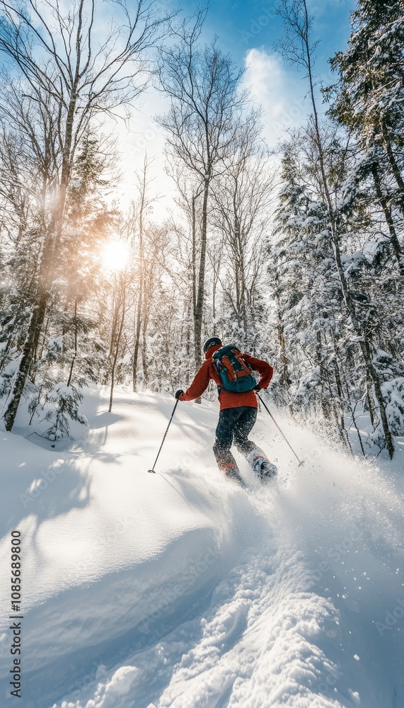 Skier expertly carving through fresh powder snow on a sunny winter day in a beautiful landscape. Skier expertly carving through fresh powder snow on a sunny winter day in a beautiful landscape.
