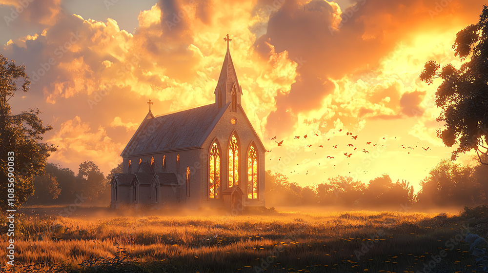 A serene church bathed in warm sunlight with arched windows and doors in a tranquil setting during sunset A serene church bathed in warm sunlight with arched windows and doors in a tranquil setting during sunset