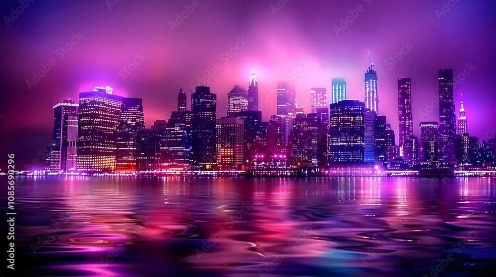 A vibrant city skyline illuminated in purple and pink hues reflecting on the water. A vibrant city skyline illuminated in purple and pink hues reflecting on the water.