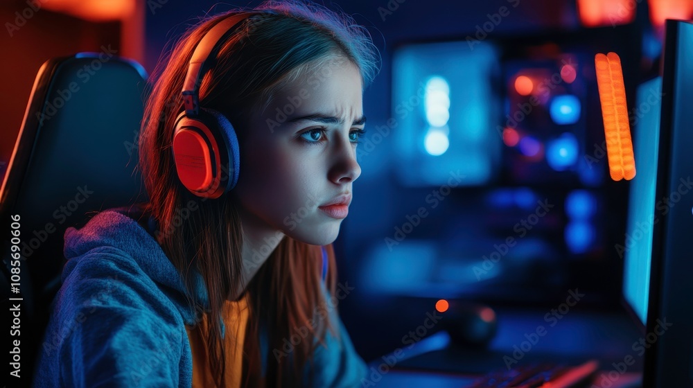 Focused Gamer Girl Engaged in Thrilling Video Game Experience with Vibrant Neon Lights and Dynamic Background Focused Gamer Girl Engaged in Thrilling Video Game Experience with Vibrant Neon Lights and Dynamic Background