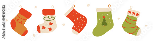 Vector flat illustrations of ornate socks. hand drawn christmas elements set isolated on a transparent background. Merry Christmas and Happy New Year naive clip arts for greeting card.