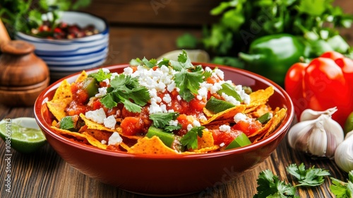 Delicious Chilaquiles with Red Salsa and Crumbled Cheese Served in a Bowl Surrounded by Fresh Ingredients and Herbs on a Wooden Table