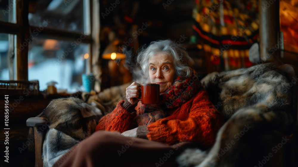 Elderly woman enjoying a warm cup of hot cocoa while relaxing in a cozy chair surrounded by warm decor on a chilly day Elderly woman enjoying a warm cup of hot cocoa while relaxing in a cozy chair surrounded by warm decor on a chilly day