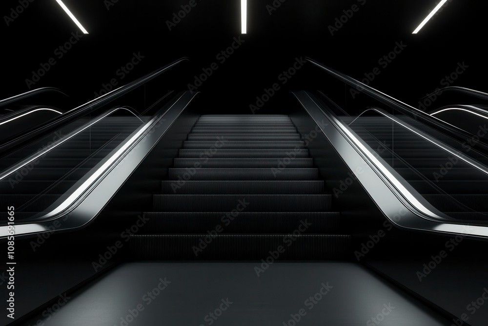 Escalator leading to an upper level in an underground station with modern lighting design at nighttime Escalator leading to an upper level in an underground station with modern lighting design at nighttime
