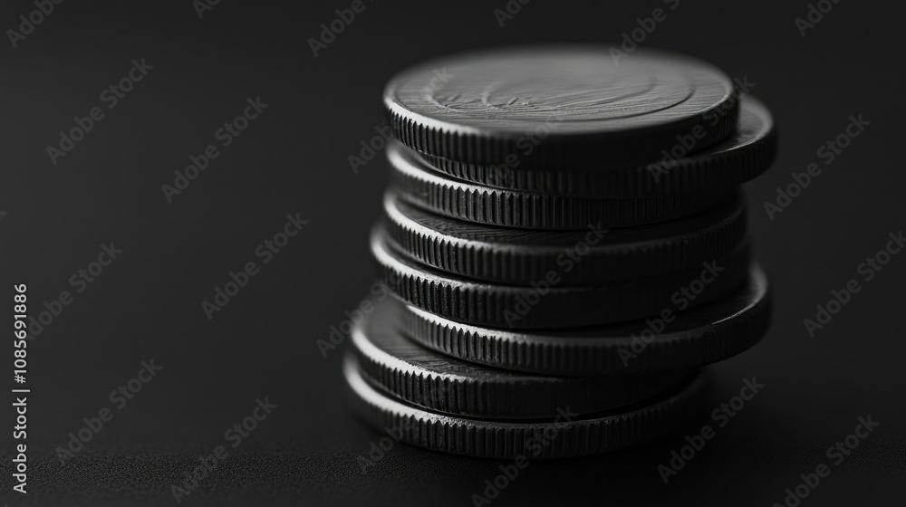 A Stacked Arrangement of Glossy Black Coins on a Dark Surface Highlighting Texture and Design for Financial or Investment Themes in Stock Photography A Stacked Arrangement of Glossy Black Coins on a Dark Surface Highlighting Texture and Design for Financial or Investment Themes in Stock Photography