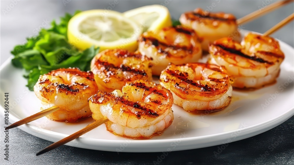 Perfectly grilled shrimp served with mixed greens and lemon slices on a pristine white plate Perfectly grilled shrimp served with mixed greens and lemon slices on a pristine white plate
