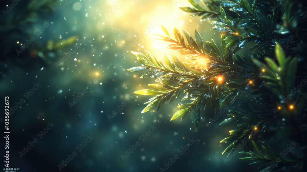 Fototapeta premium Lush green branches glisten with dew, illuminated by soft golden light, creating magical, serene atmosphere perfect for holiday season