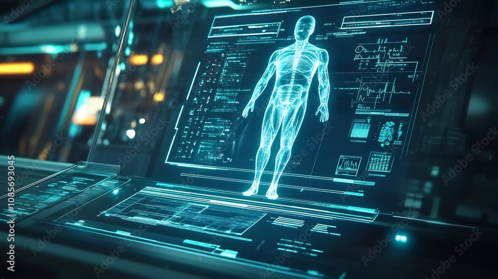 Futuristic Medical Technology Digital Hologram Interface for Data Analysis and Healthcare Diagnostics