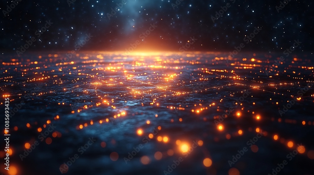 Naklejka premium Conceptual depiction of digital landscape with glowing data nodes interactive hubs and radiant pathways emphasizing seamless navigation