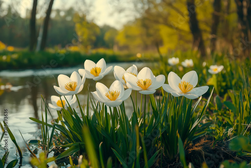 Close-up of Blooming Bloodroot Flowers (Sanguinaria canadensis) Near a Calm Stream in Spring Woodland Setting photo