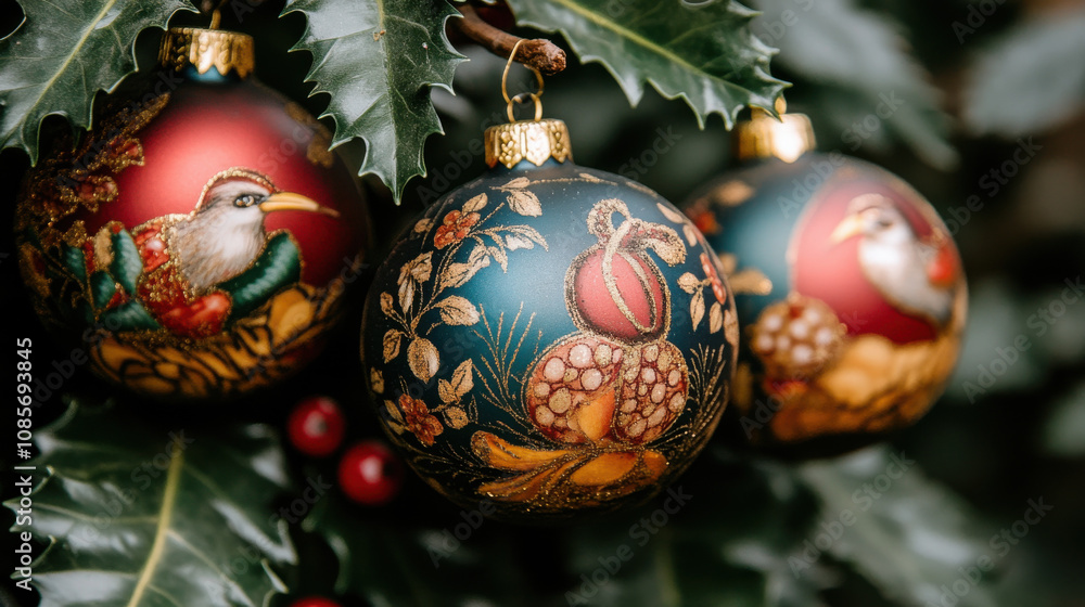 Beautifully decorated Christmas ornaments hang from holly branch, showcasing intricate designs and vibrant colors. festive atmosphere is perfect for holiday celebrations Beautifully decorated Christmas ornaments hang from holly branch, showcasing intricate designs and vibrant colors. festive atmosphere is perfect for holiday celebrations