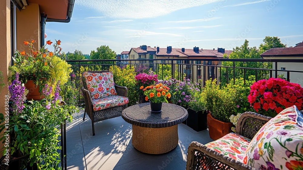 Obraz premium Beautifully Decorated Balcony with Colorful Flowers and Cozy Seating Overlooking a Scenic View of Apartments and Clear Blue Sky on a Sunny Day