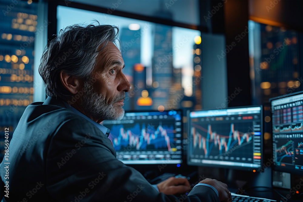 investment banker analyzing financial charts and market data on multiple monitors in a high-rise office reviewing graphs, spreadsheets, and stock performance reports. investment banker analyzing financial charts and market data on multiple monitors in a high-rise office reviewing graphs, spreadsheets, and stock performance reports.