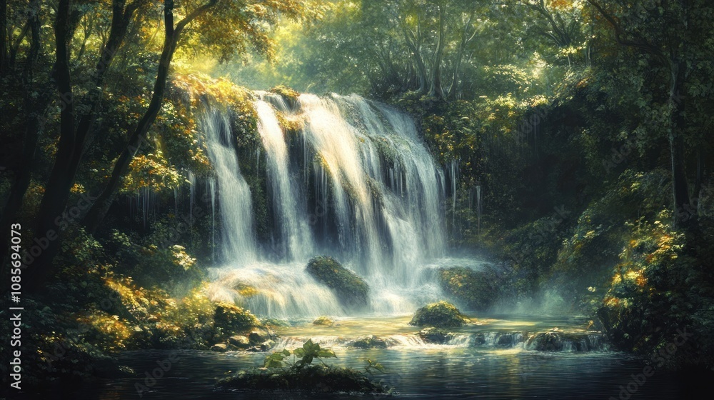 Serene Waterfall in a Lush Forest Serene Waterfall in a Lush Forest