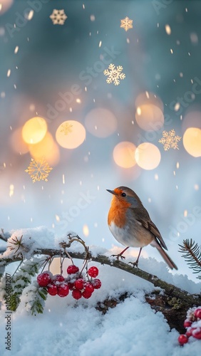 Winter Robin with Snowflakes and Bokeh - Vertical Christmas Social Media Template