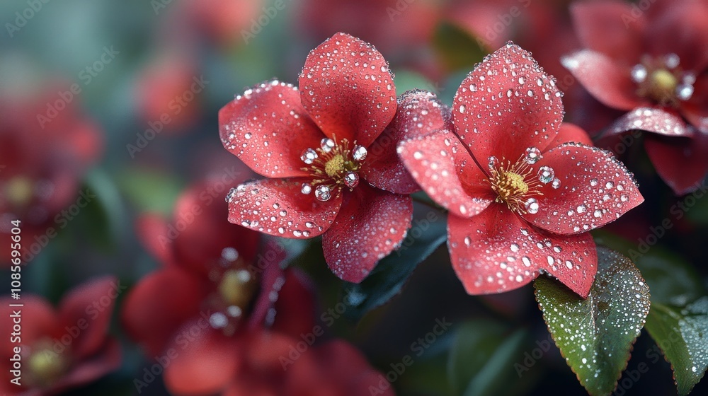 Two red flowers with raindrops on their petals, surrounded by other red flowers and green leaves. Two red flowers with raindrops on their petals, surrounded by other red flowers and green leaves.