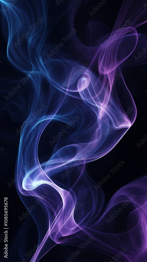 Obraz premium Abstract swirling neon purple smoke on black background. Dark violet magical fog. Mystic effect for Halloween. Color of 2025 year. Backdrop for design banner, poster