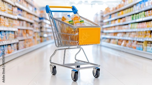 Grocery shopping cart filled with products in a supermarket aisle