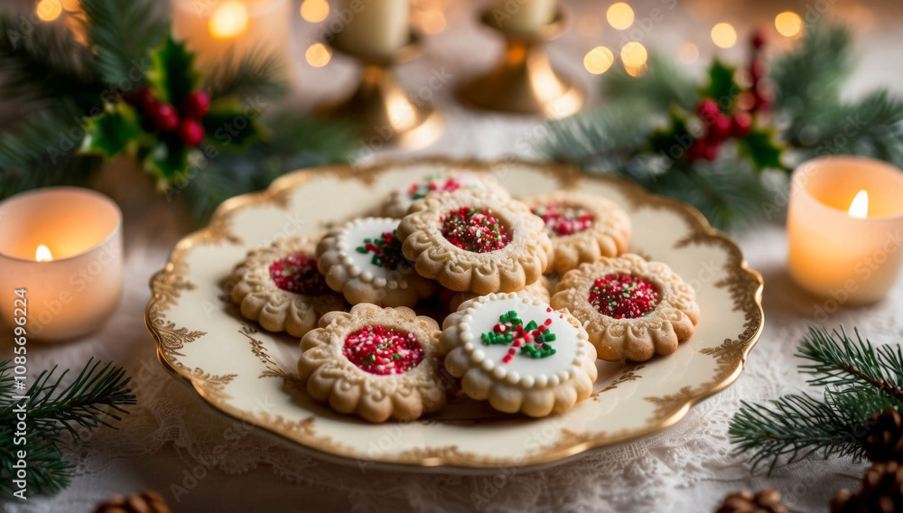 Plate of cookies with a white plate and a red and green cookie. The cookies are decorated with sprinkles and are arranged in a circle. Plate of cookies with a white plate and a red and green cookie. The cookies are decorated with sprinkles and are arranged in a circle.