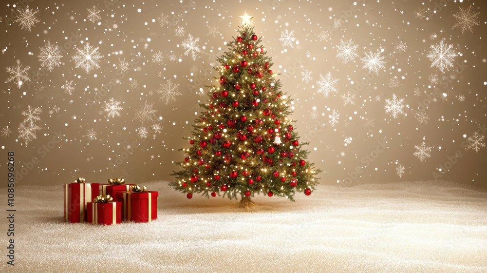 beautifully decorated Christmas tree with red ornaments and gifts, surrounded by snowflakes on golden background, creating festive atmosphere beautifully decorated Christmas tree with red ornaments and gifts, surrounded by snowflakes on golden background, creating festive atmosphere
