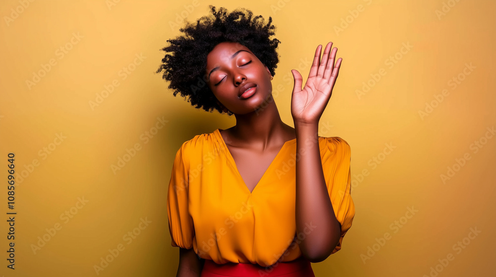 Stunning Black woman in a chic pose, her closed eyes and expressive gesture channeling peace and style, set against a striking yellow background, perfect for bold, creative compositions Stunning Black woman in a chic pose, her closed eyes and expressive gesture channeling peace and style, set against a striking yellow background, perfect for bold, creative compositions