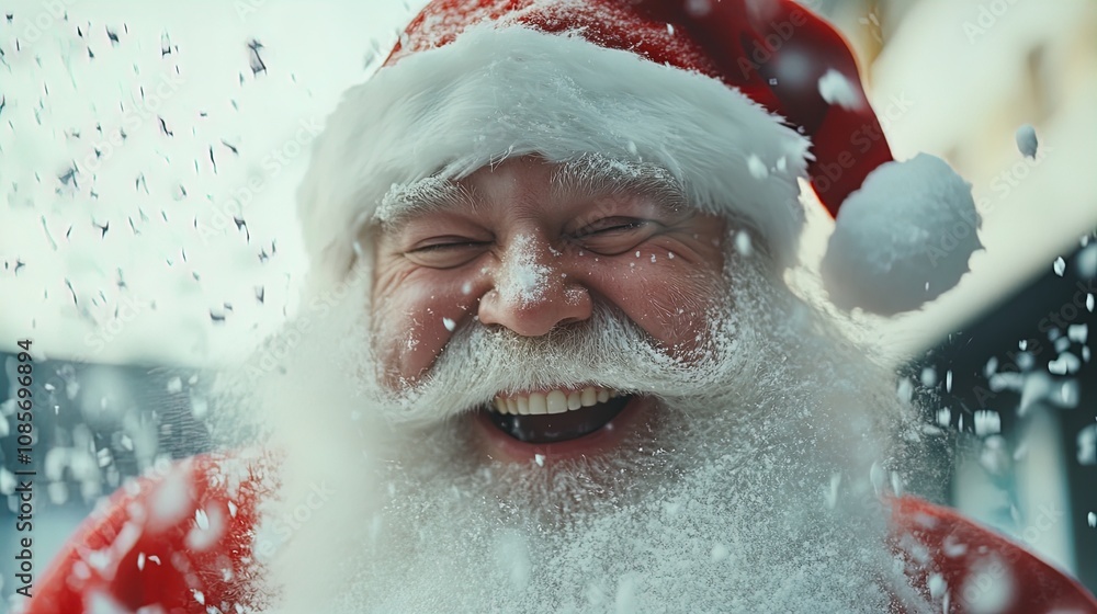 Fototapeta premium Charming Traditional Portrait of Santa Claus with Snowy Background: Perfect Poster for Winter Holiday Decor or Festive Sports Room Decoration!