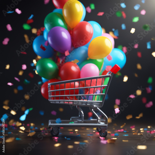 A shopping bag and a shopping cart with balloons and confetti in colored background
