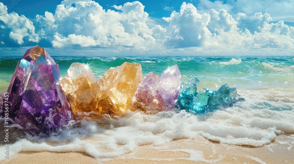 Colorful Crystals on the Beach with Waves, Sparkling Ocean Water and Dramatic Cloudy Sky in the Background, Creating a Serene and Magical Atmosphere Colorful Crystals on the Beach with Waves, Sparkling Ocean Water and Dramatic Cloudy Sky in the Background, Creating a Serene and Magical Atmosphere