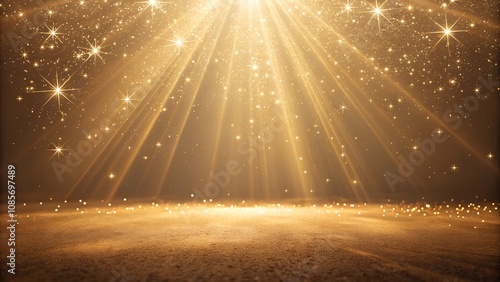 Radiant golden light beams with glowing stars on sparkling surface