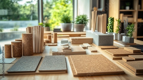 Sustainable Architecture Studio with Eco Friendly Building Materials Displayed on Design Table