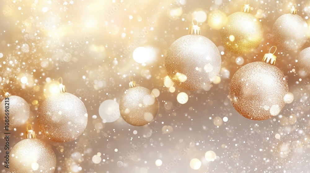 Elegant Gold Christmas Ornaments with Sparkling Bokeh Effect on a Warm Background, Perfect for Holiday Celebrations and Festive Designs