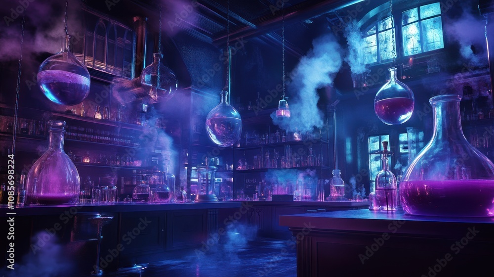 A dimly lit, mysterious laboratory with a counter filled with glass flasks and bottles filled with glowing liquid. Smoke fills the air. A dimly lit, mysterious laboratory with a counter filled with glass flasks and bottles filled with glowing liquid. Smoke fills the air.