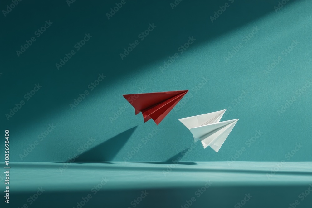 Minimalist Red and White Paper Airplanes Against Teal Background – Symbolizing Creativity, Competition, and Innovation Minimalist Red and White Paper Airplanes Against Teal Background – Symbolizing Creativity, Competition, and Innovation