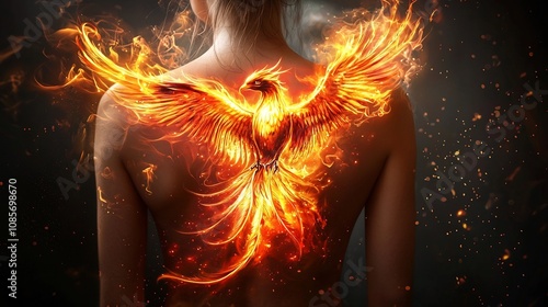 Fiery Phoenix Tattoo Bursting with Mythical Energy on Figure s Back photo