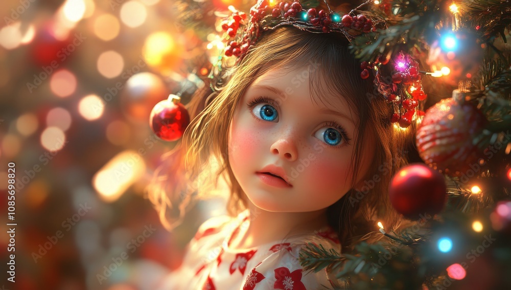 Cute Little Girl Surrounded by Christmas Decorations, Wearing Festive Headband and White Dress with Red Floral Patterns Cute Little Girl Surrounded by Christmas Decorations, Wearing Festive Headband and White Dress with Red Floral Patterns