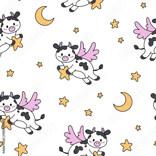 Seamless pattern with cute cows, stars and moon. Doodle art. Hand drawn vector background. Texture for print, textile, fabric.