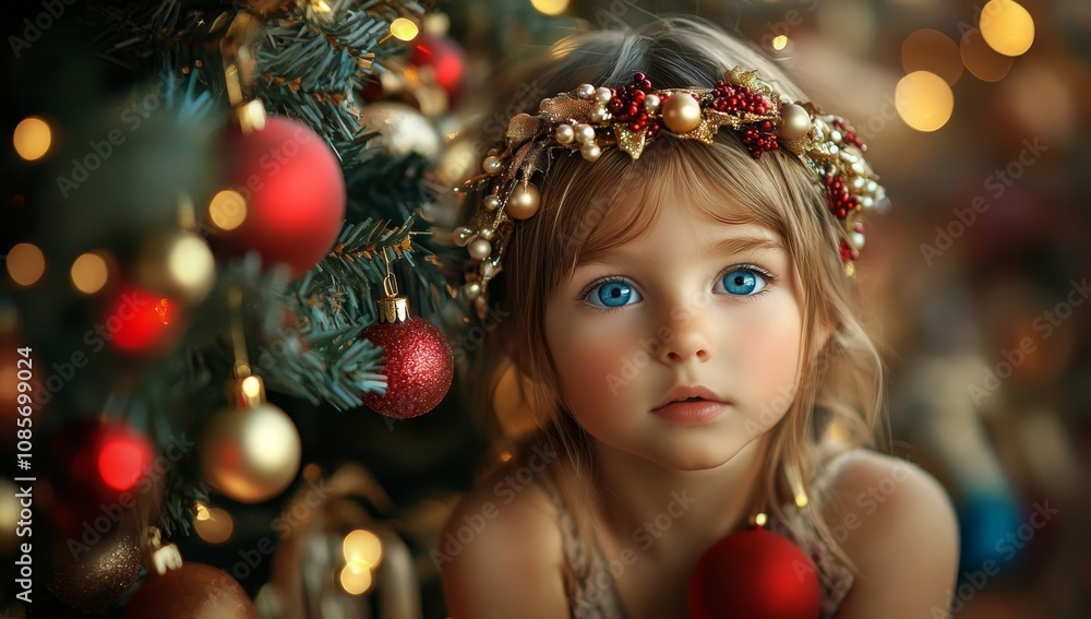 Cute Little Girl with Blue Eyes Sitting in Front of Christmas Tree Decorated with Red and Gold Ornaments Cute Little Girl with Blue Eyes Sitting in Front of Christmas Tree Decorated with Red and Gold Ornaments