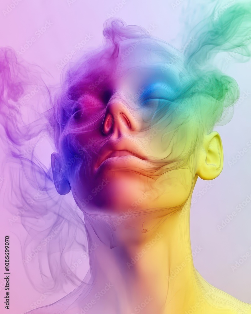The human head is covered in smoke, colored smoke, rainbow smoke spreads all around the head The human head is covered in smoke, colored smoke, rainbow smoke spreads all around the head
