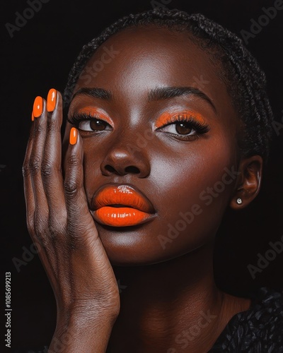 An african female model poses with hands with orange nails touching her face in this portrait of a beautiful black woman