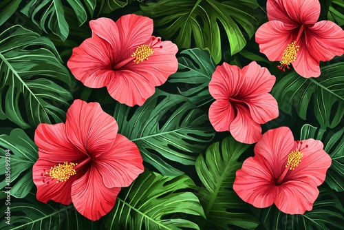 Wallpaper Mural Vibrant Hibiscus Flowers Amidst Lush Green Leaves Torontodigital.ca