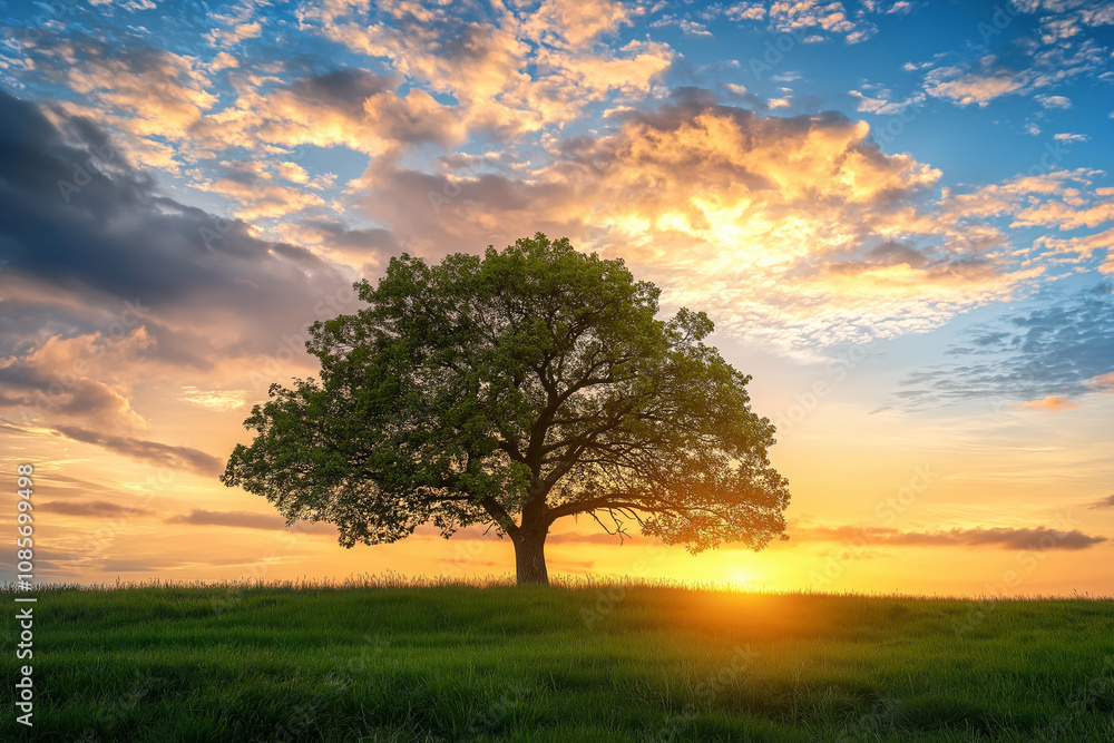 Majestic Oak Tree Silhouetted Against Vibrant Sunset Sky with Clouds Majestic Oak Tree Silhouetted Against Vibrant Sunset Sky with Clouds