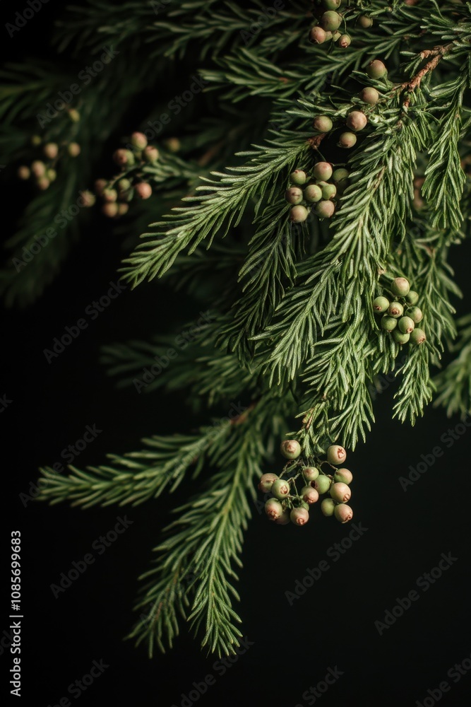 Cade juniper branch featuring lush green needles and aromatic berries, showcasing Mediterranean flora and biodiversity Cade juniper branch featuring lush green needles and aromatic berries, showcasing Mediterranean flora and biodiversity