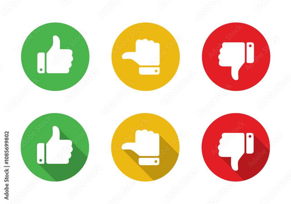 Like, neutral, and dislike thumb icon on with long shadow. Rating, feedback sign symbol Like, neutral, and dislike thumb icon on with long shadow. Rating, feedback sign symbol