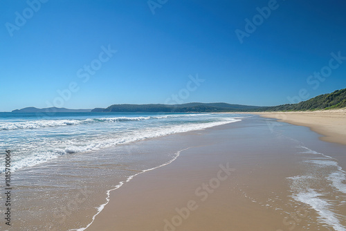 Waves crashing on a sandy beach, under a clear blue sky, creating a calming and serene scene.