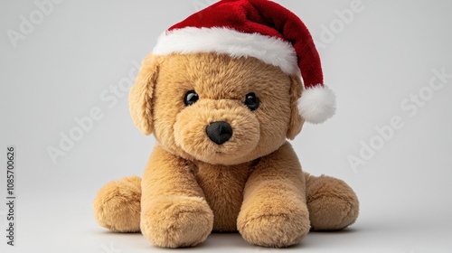 Adorable stuffed brown puppy wearing a Santa Claus hat, perfect for Christmas decoration on a white background, festive spirit, happy holidays, toy