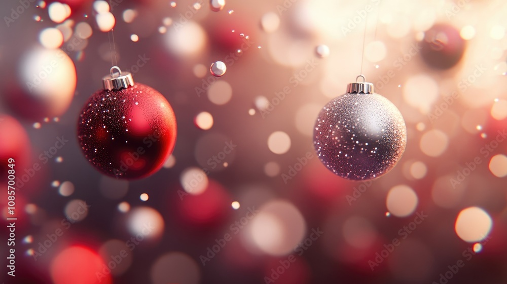 Stunning Close-Up of Red and Silver Christmas Ornaments with Glowing Bokeh Lights for Festive Holiday Decor and Winter Celebrations Stunning Close-Up of Red and Silver Christmas Ornaments with Glowing Bokeh Lights for Festive Holiday Decor and Winter Celebrations