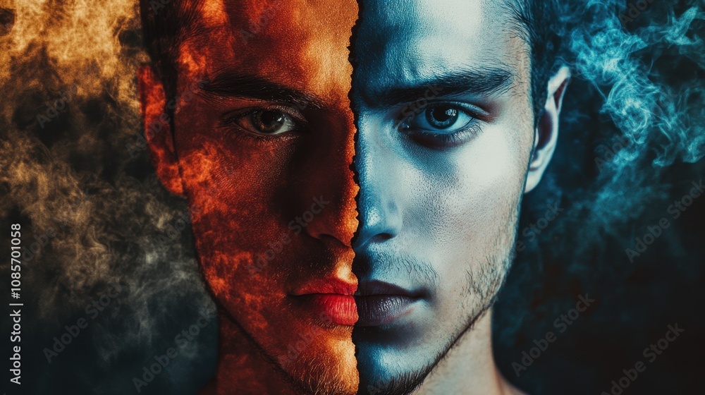 A person divided into contrasting halves, representing the balance between internal turmoil and external pressures A person divided into contrasting halves, representing the balance between internal turmoil and external pressures