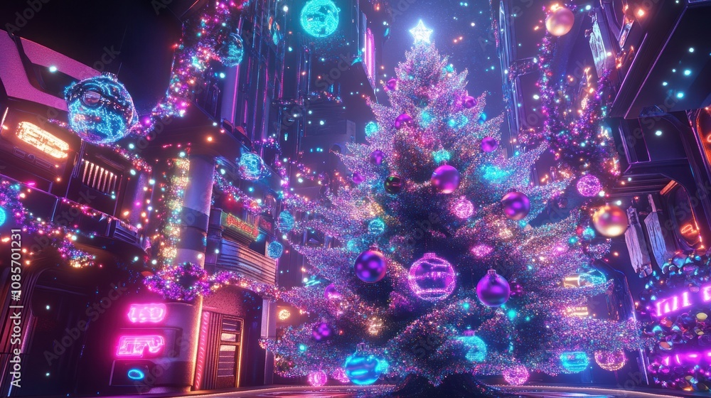 A futuristic cityscape with a glowing Christmas tree decorated with iridescent ornaments. A futuristic cityscape with a glowing Christmas tree decorated with iridescent ornaments.