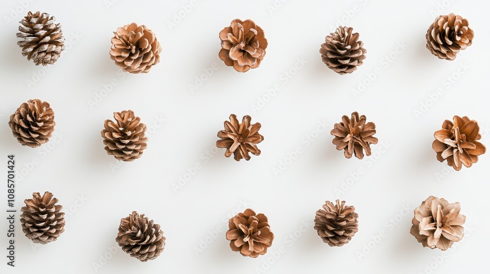 Small group of pine cones arranged artistically on a pristine white background, perfect for seasonal decor or nature-themed designs Small group of pine cones arranged artistically on a pristine white background, perfect for seasonal decor or nature-themed designs